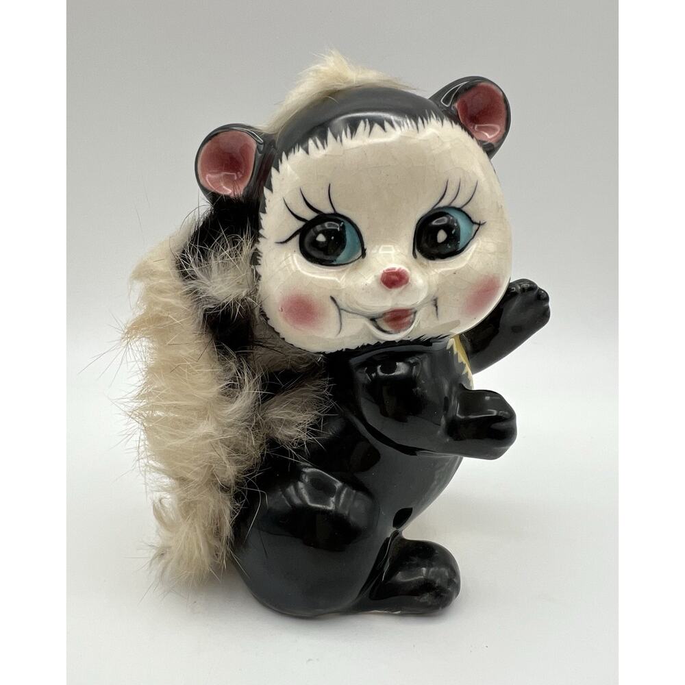 Ries Japan Ceramic Skunk Figurine 5.5” w Fur Hair Black & White Vintage Kitschy